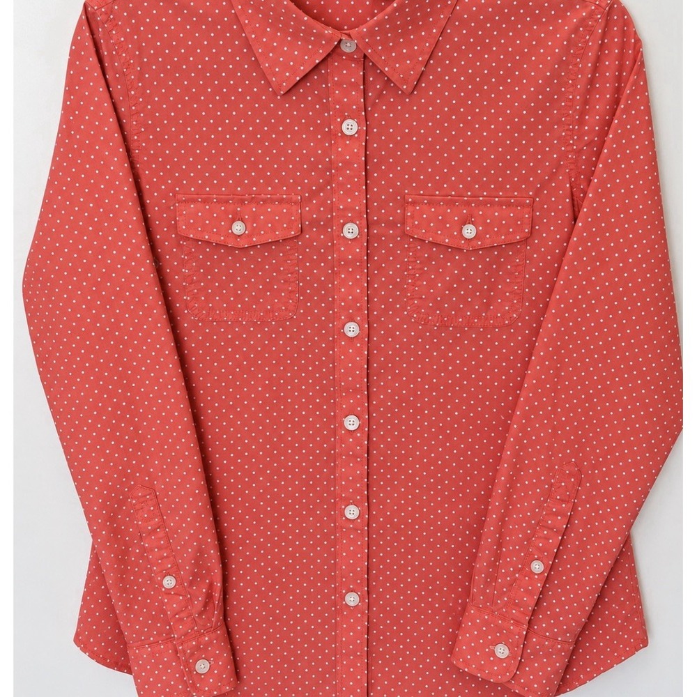 L.L.Bean Women's Medium Coral Polka Dot Button Down Shirt Long Sleeve Preppy